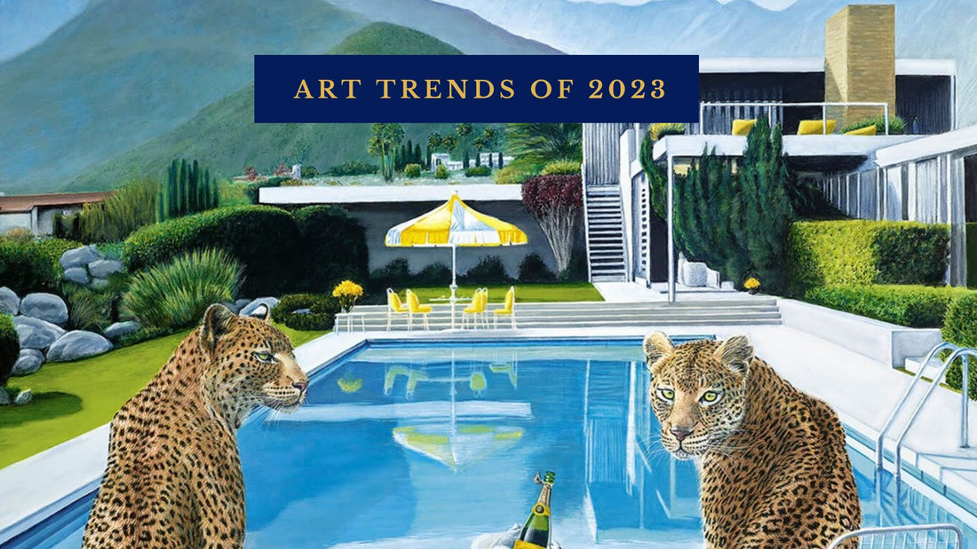 Image is of Artist Steve Tandy's 'Palm Springs Style' which shows two trendy leopards looking towards the viewer, with champagne,