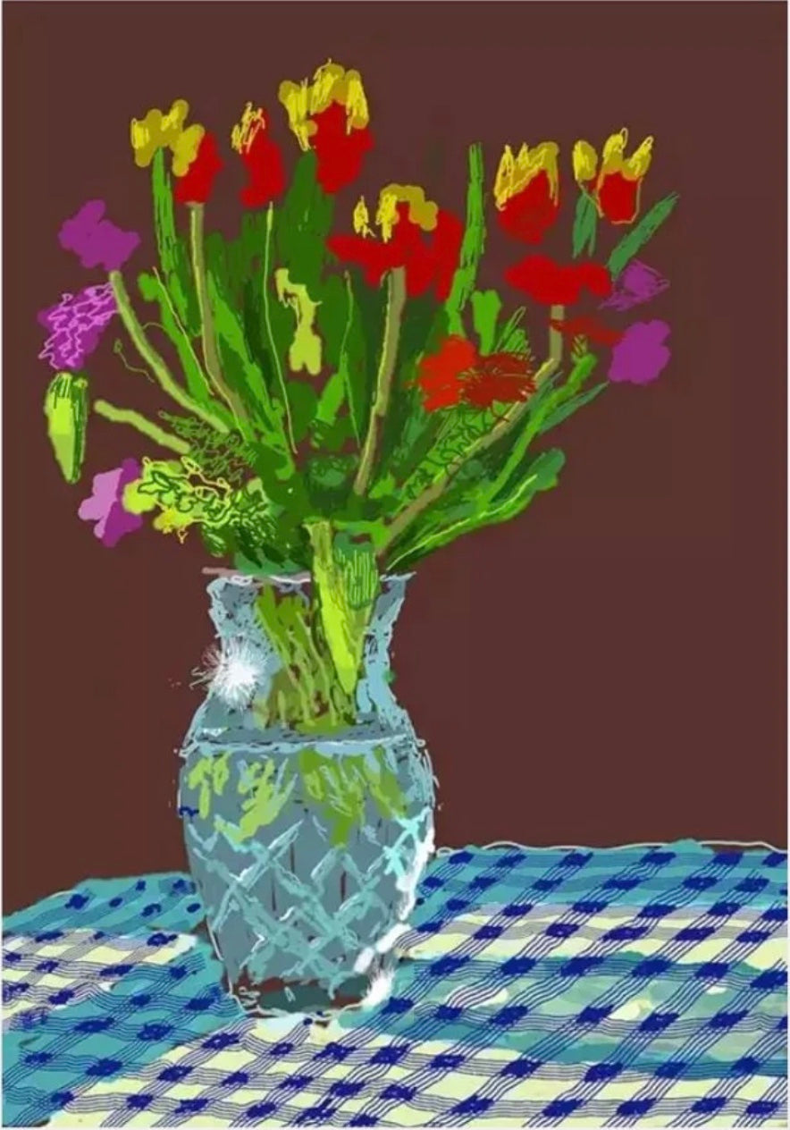 24th February 2021, Red, Yellow and Purple Flowers on a Blue Tablecloth, 2021